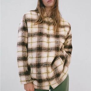 Aritzia Wilfred Lyon Plaid Wool Jacket in Cream and Brown • Size 2 (M/L)